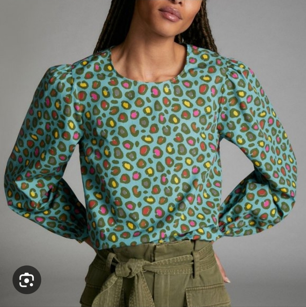 Farm Rio Hanya Puff Sleeve Multicolored Animal Print Blouse